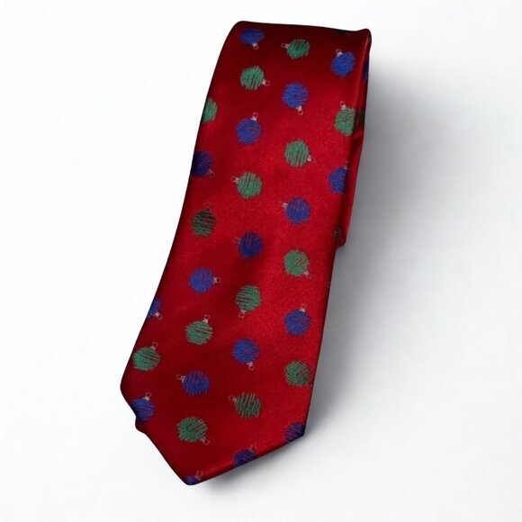 New! Red silk tie with colorful embroidered Christmas ornaments 3” - Picture 1 of 6
